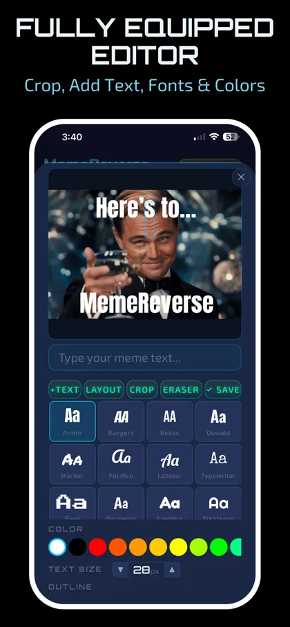 Caption editor with font, color, size and outline controls.